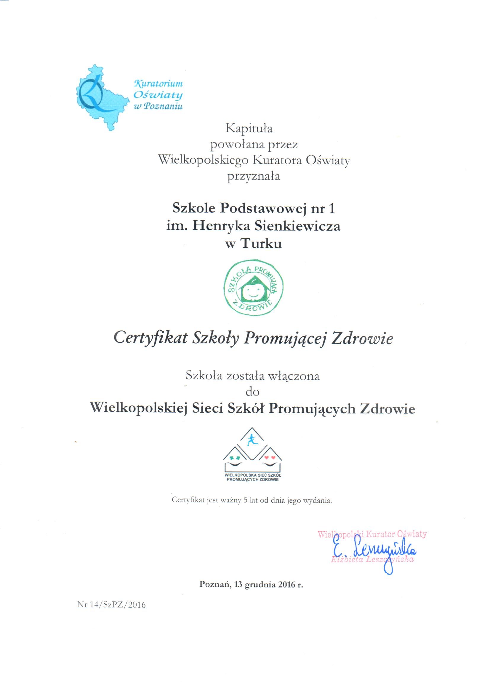 Certyfikat Szkola Promujaca Zdrowie